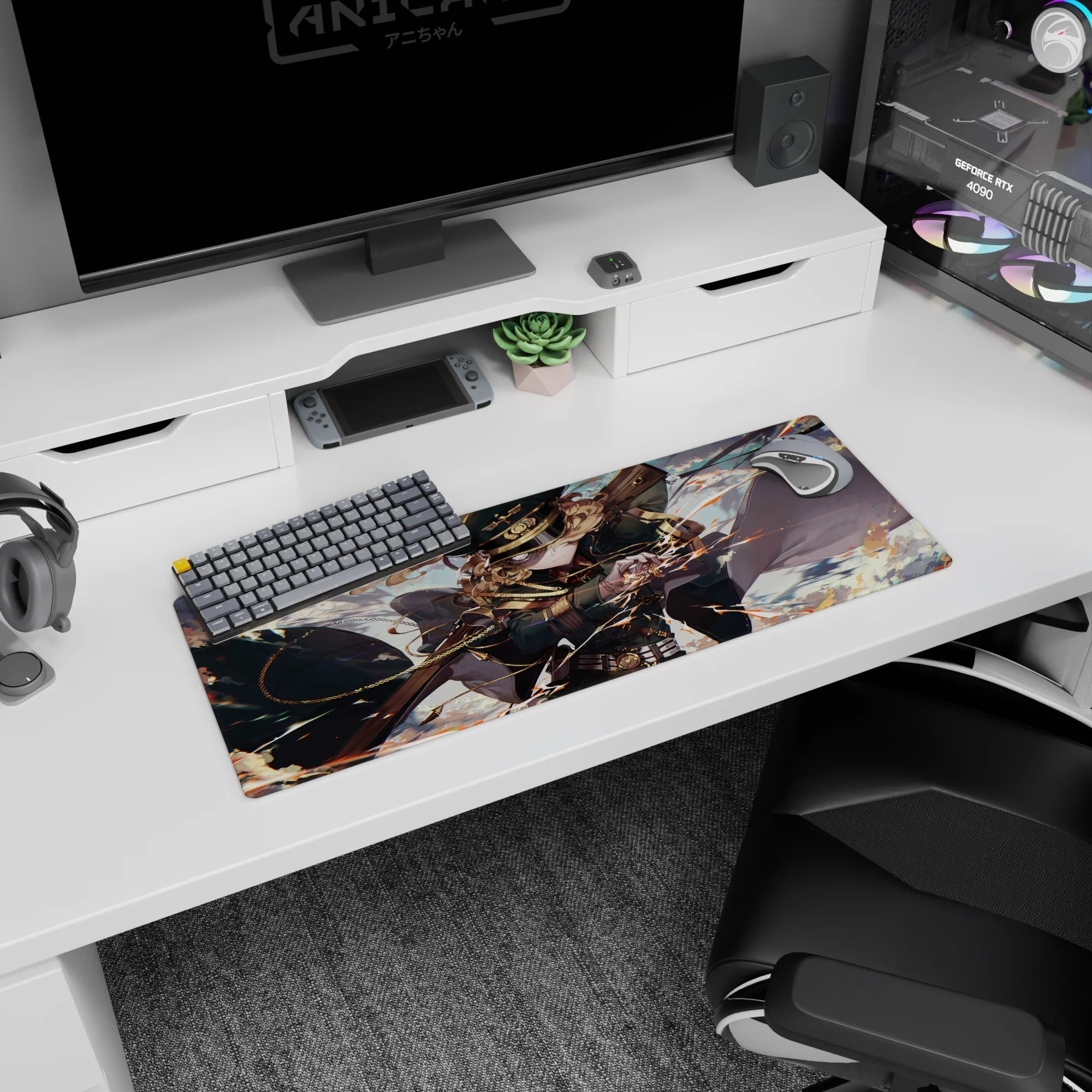 32x12 inches anime girl mouse pad showing a fierce soldier mid-strike, curls flying, cape whipping, rifle aimed wide.