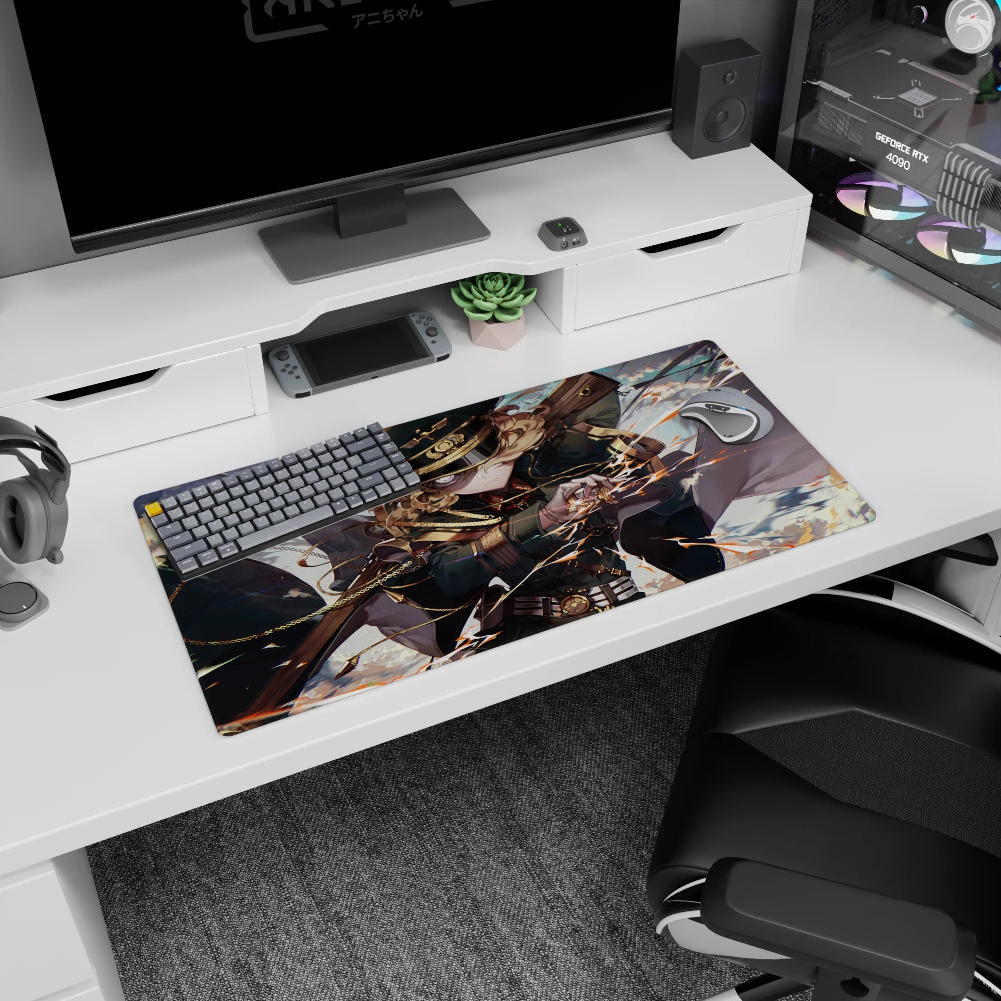 Anime girl mouse pad 32x16 inches showing a fierce anime officer mid-strike, curls flying, cape whipping.