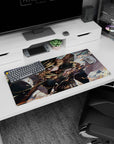 Anime girl mouse pad 32x16 inches showing a fierce anime officer mid-strike, curls flying, cape whipping.