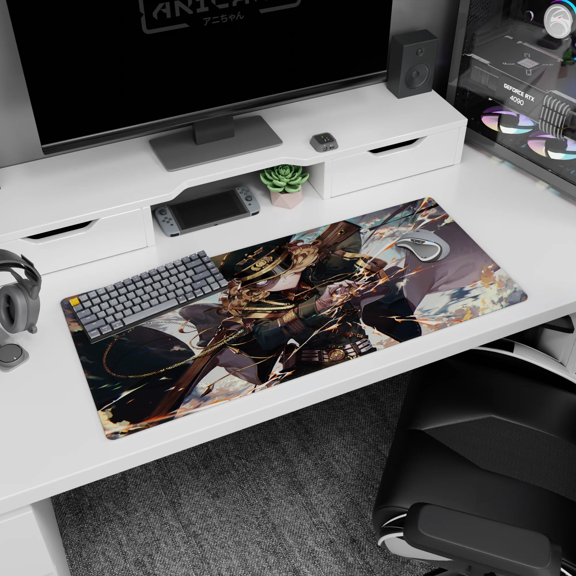36x16 inches desk pad showing fierce anime officer girl mid-strike, curls flying, cape whipping, rifle wide.
