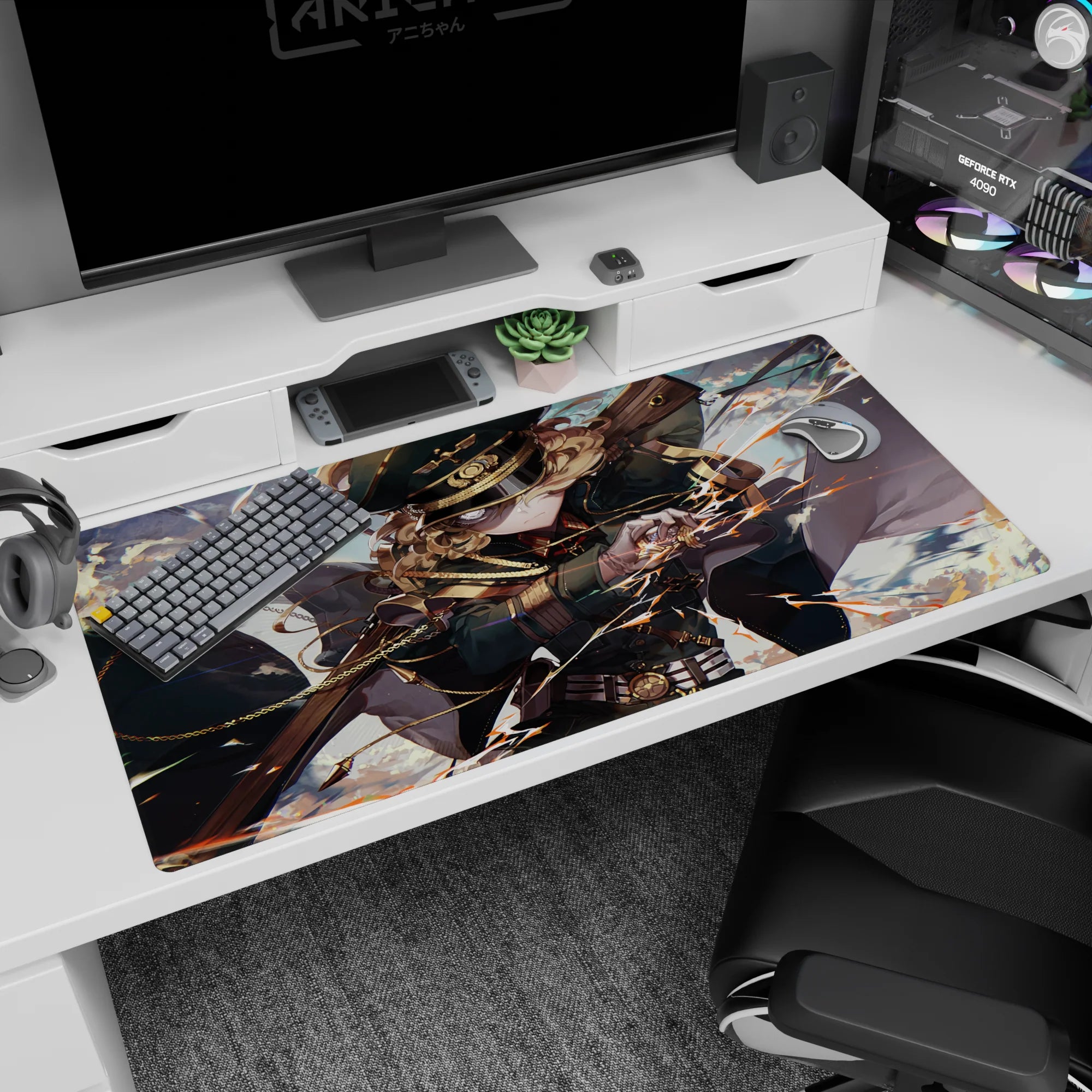 40x20 inches anime desk pad showing fierce officer girl mid-strike, curls flying, cape whipping, rifle wide.