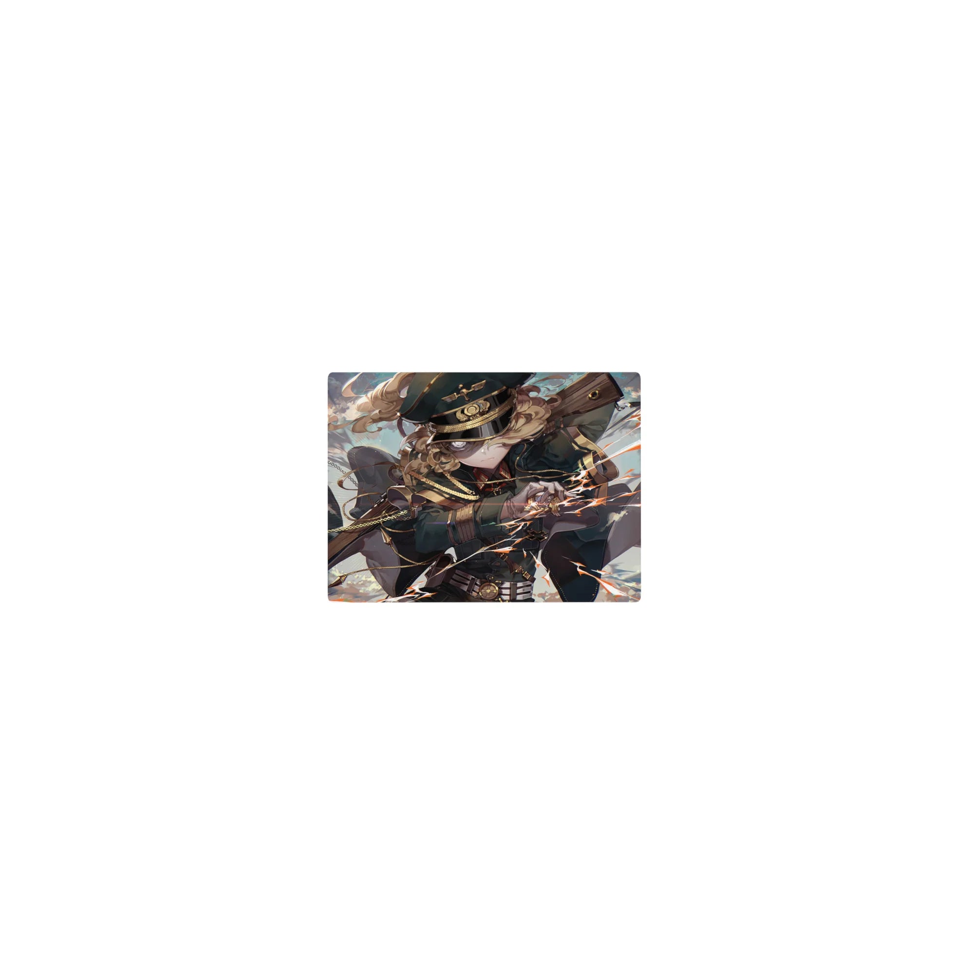 14x10 inches classic anime girl mouse pad with officer cap, teal uniform, rifle pose, sparks and sky backdrop.
