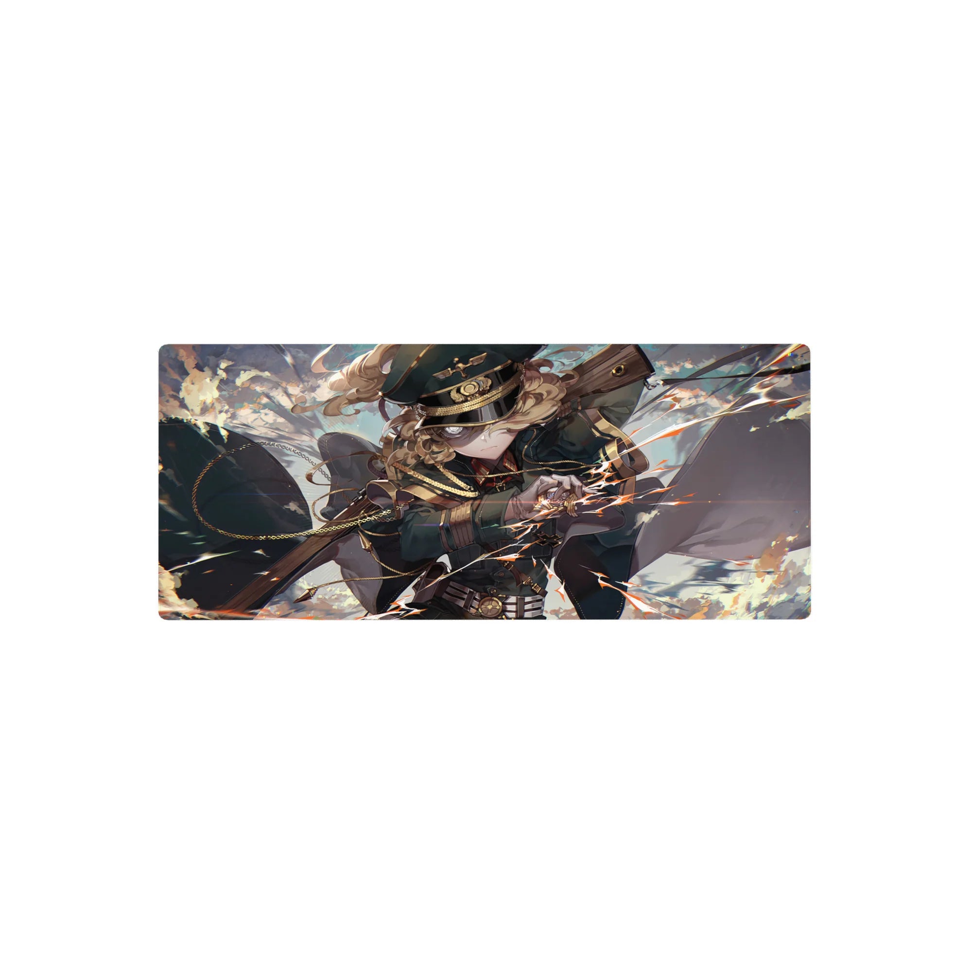28x12 inches anime girl mouse pad with officer cap, teal uniform, rifle pose, sparks and motion cape.