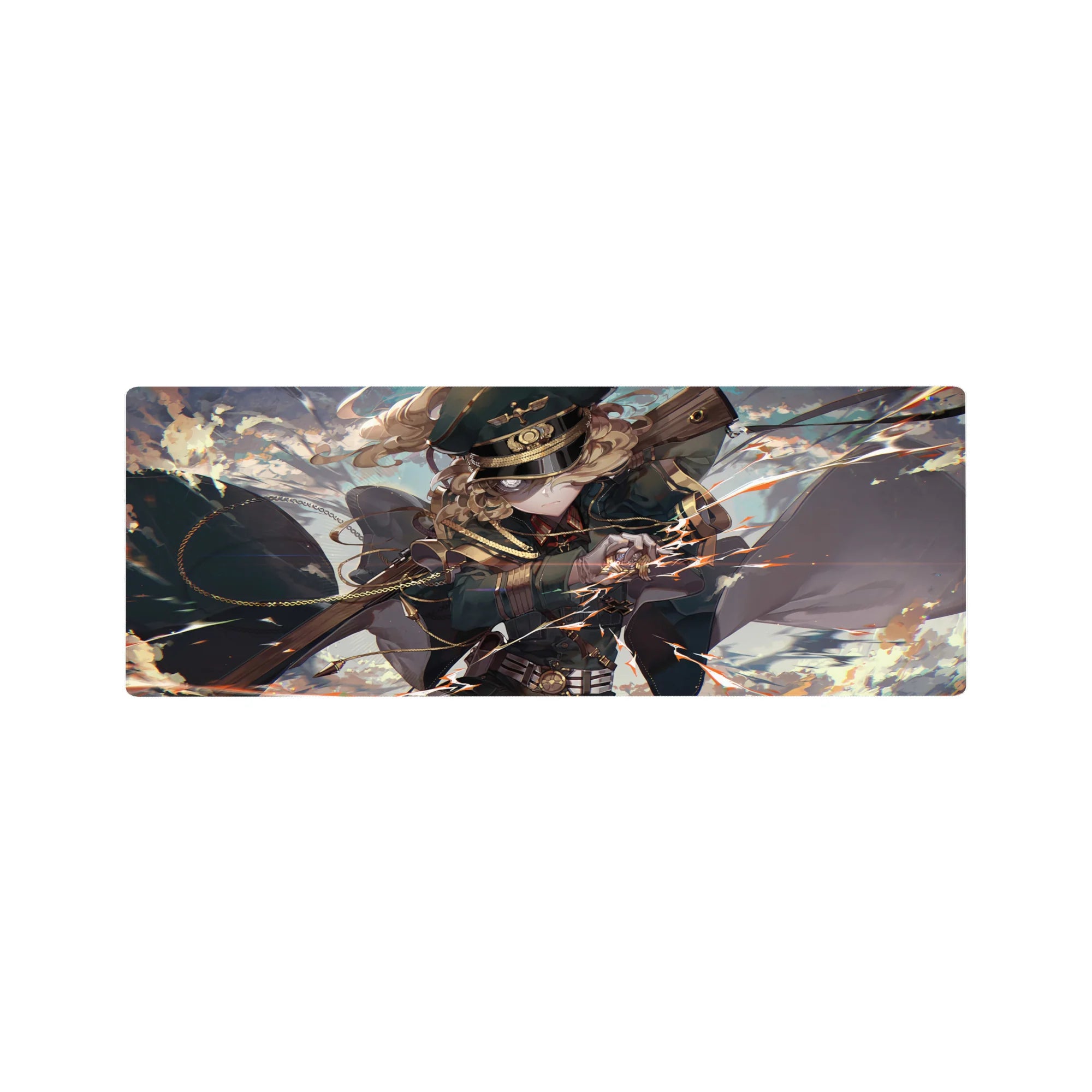 32x12 inches anime girl mouse pad with officer cap, teal uniform, rifle action pose, sparks and sky backdrop.