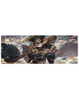 32x12 inches anime girl mouse pad with officer cap, teal uniform, rifle action pose, sparks and sky backdrop.
