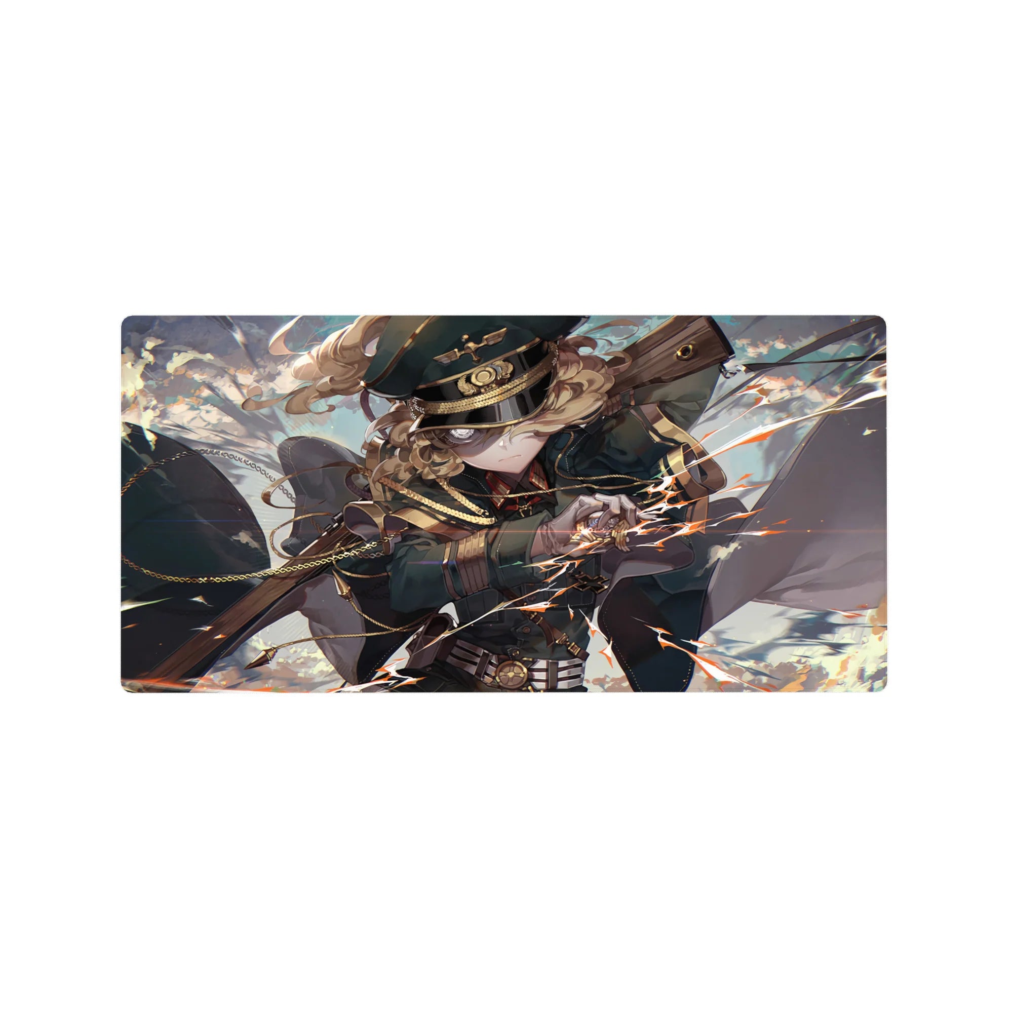 Anime girl mouse pad 32x16 inches with officer cap, teal uniform, gold trim, rifle action pose.