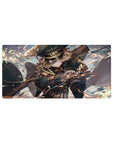 Anime girl mouse pad 32x16 inches with officer cap, teal uniform, gold trim, rifle action pose.