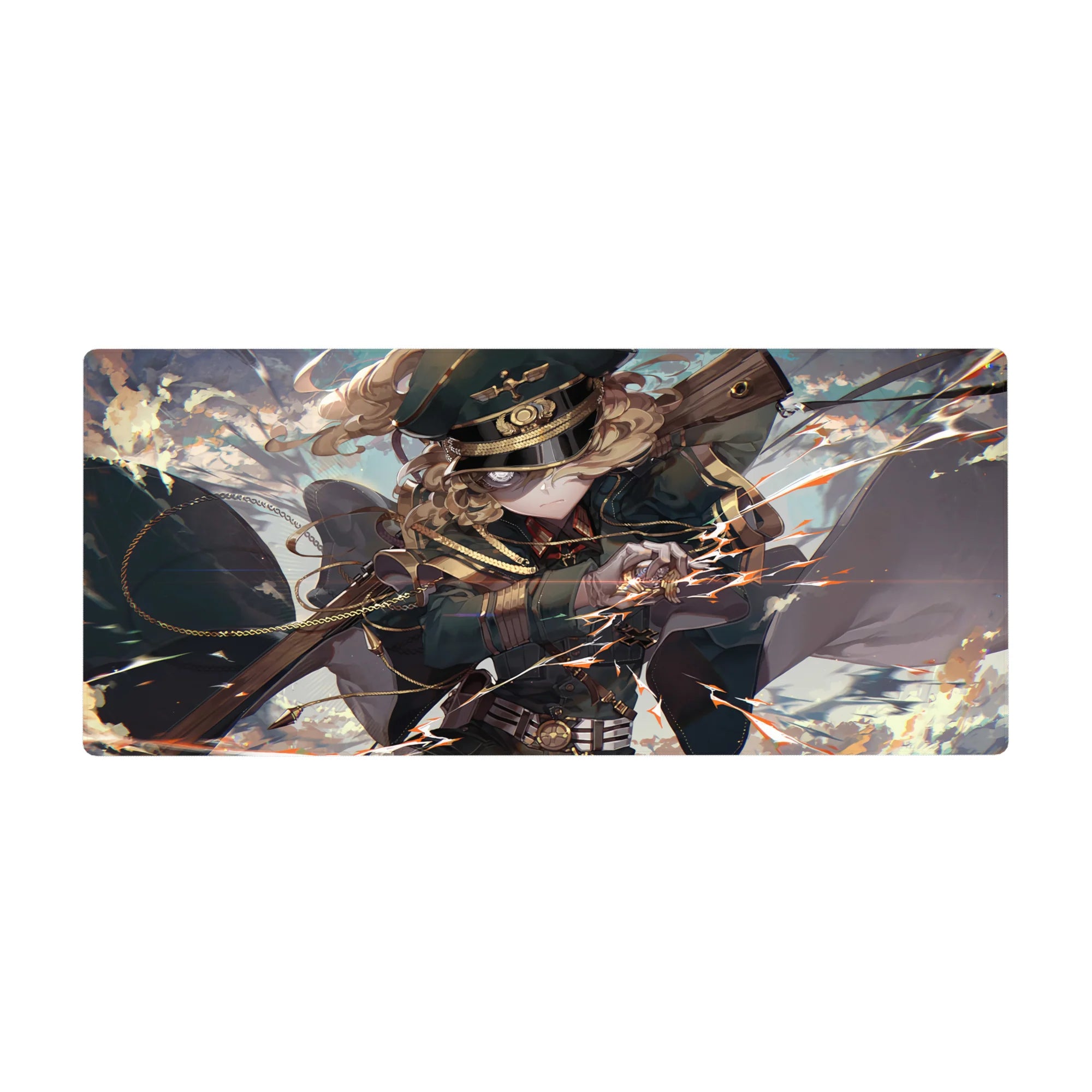 36x16 inches anime girl desk pad with officer cap, teal uniform, rifle action pose, sparks on sky.