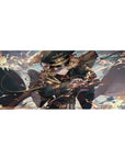 36x16 inches anime girl desk pad with officer cap, teal uniform, rifle action pose, sparks on sky.