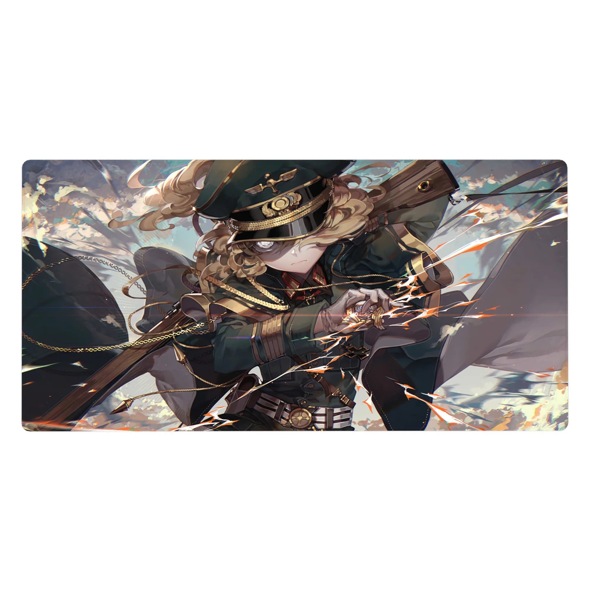 40x20 inches anime girl desk pad with officer cap, teal uniform, rifle action pose, sparks and sky.