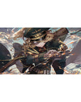40x20 inches anime girl desk pad with officer cap, teal uniform, rifle action pose, sparks and sky.