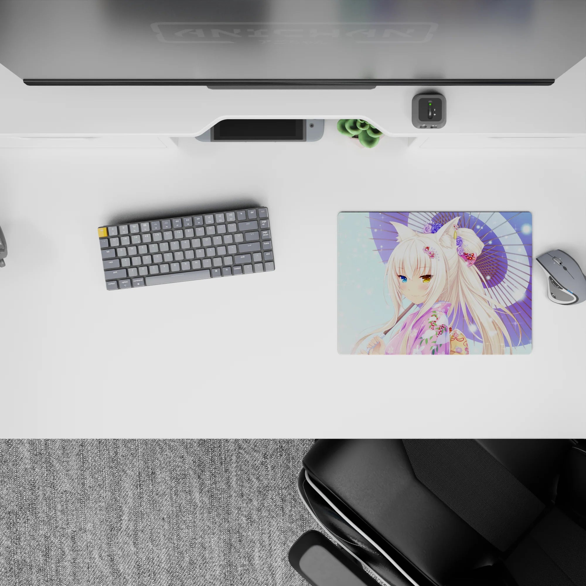 14x10 inches anime girl mouse pad in soft pastels, bokeh sparkle dots, silky white hair, cozy vibe.