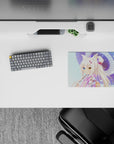 14x10 inches anime girl mouse pad in soft pastels, bokeh sparkle dots, silky white hair, cozy vibe.