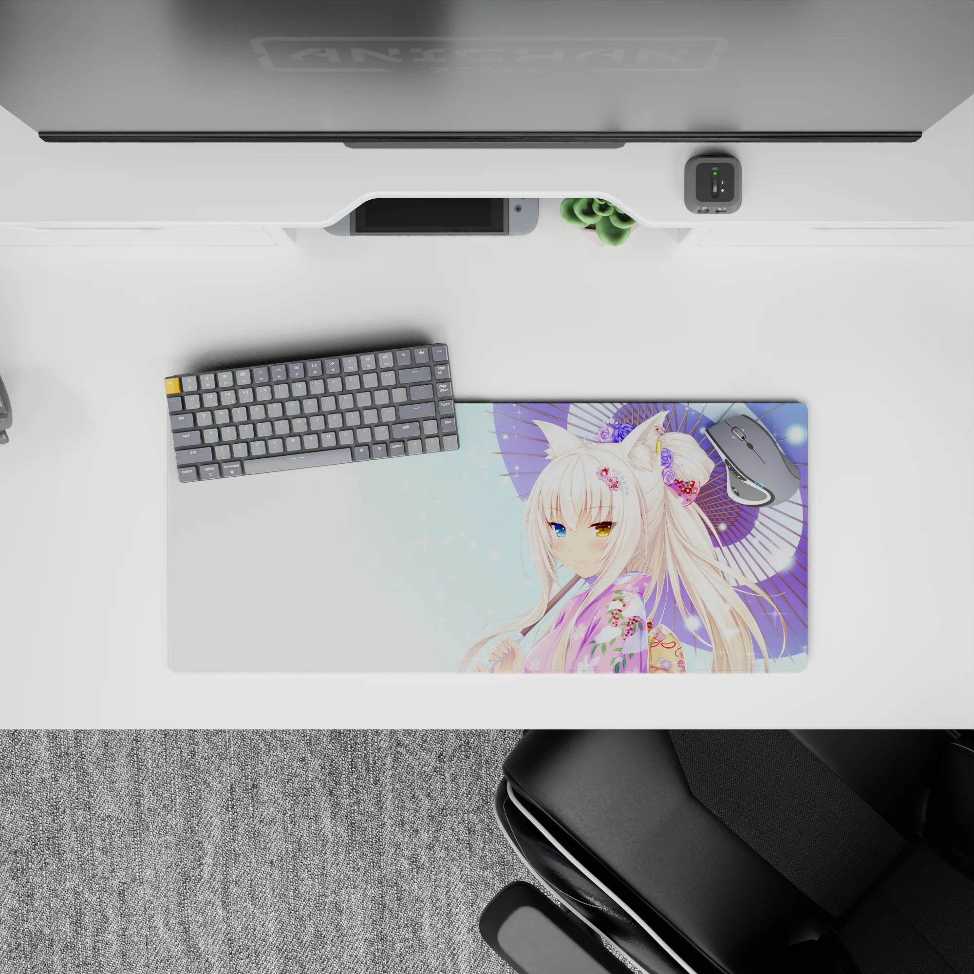 28x12 inches pastel pink floral yukata mouse pad, soft sky tones, glittery bokeh, cozy cute vibe.