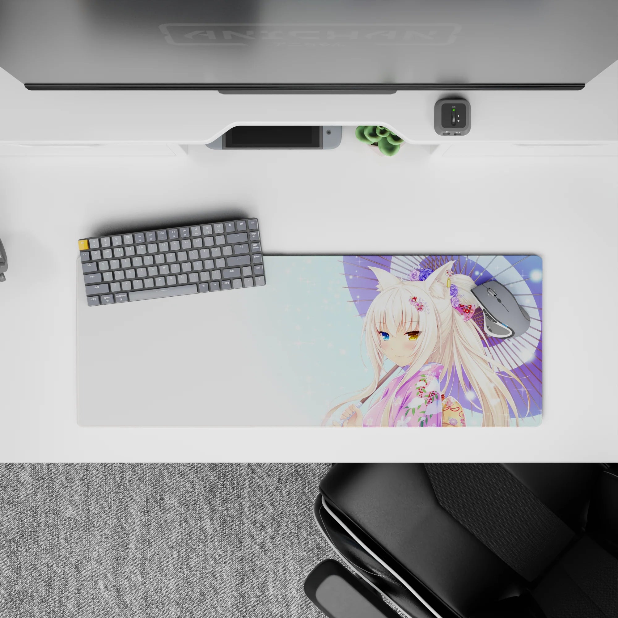 32x12 inches pastel bokeh desk mouse pad, soft sky tones, white hair shimmer, cozy magical vibe.