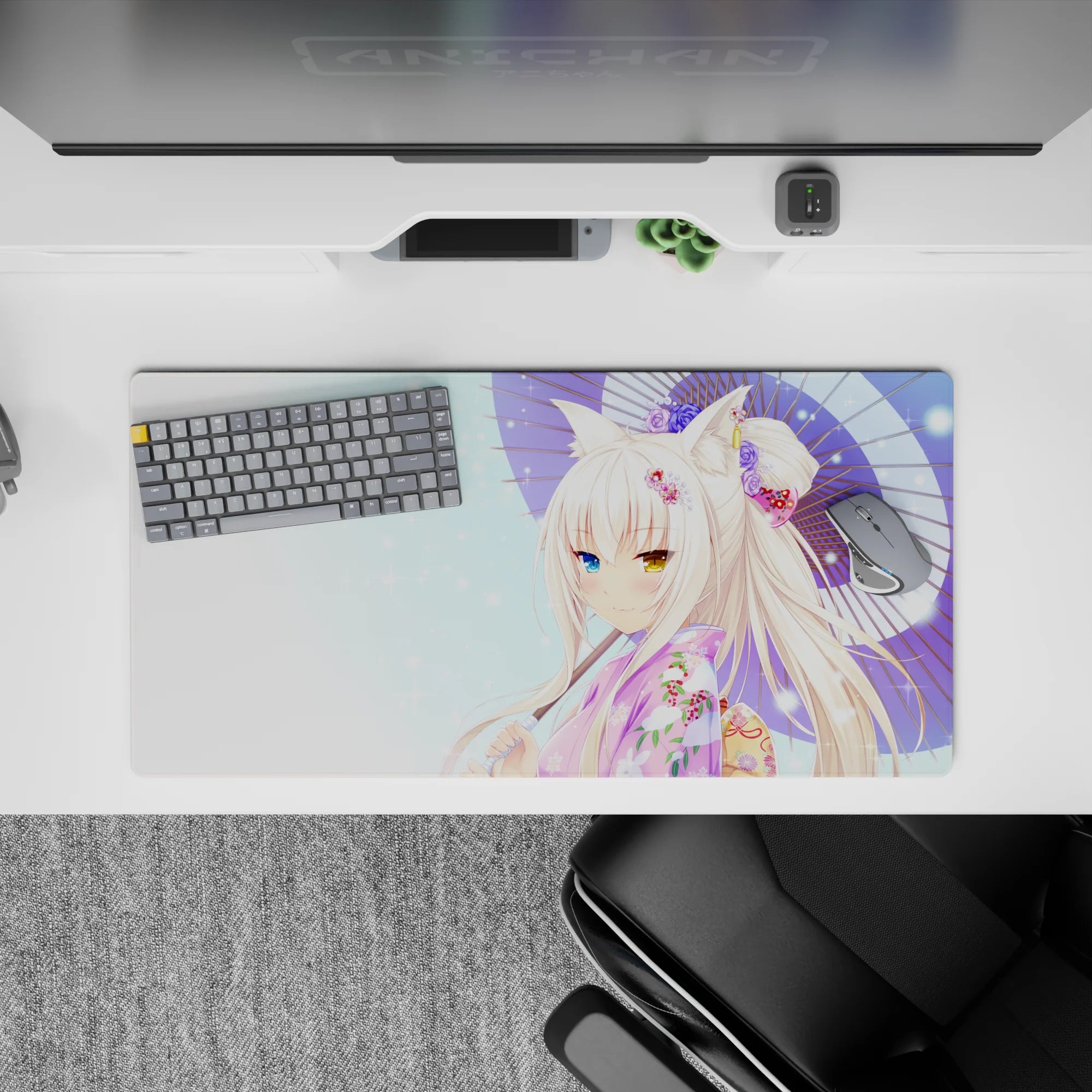 32x16 inches pastel pink floral anime mouse pad, cozy sparkles, white hair, blue and gold eyes.