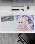 32x16 inches pastel pink floral anime mouse pad, cozy sparkles, white hair, blue and gold eyes.