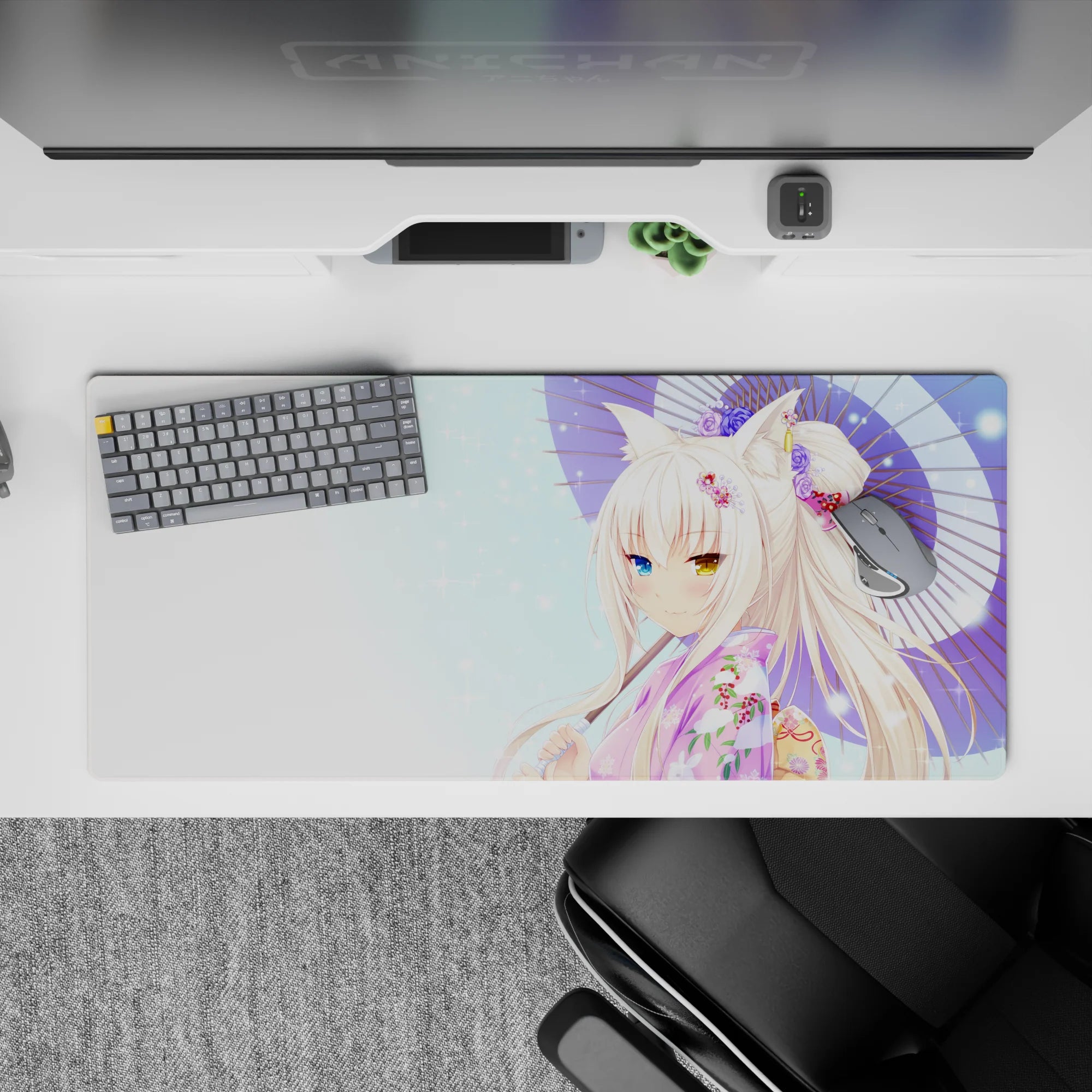 Cozy pastel anime desk pad 36x16 inches, pink floral yukata, sparkling bokeh, soft sky.