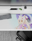 Cozy pastel anime desk pad 36x16 inches, pink floral yukata, sparkling bokeh, soft sky.
