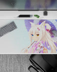 Pastel sky anime desk pad 40x20 inches in pink and lavender, sparkling bokeh, cozy kawaii vibe.