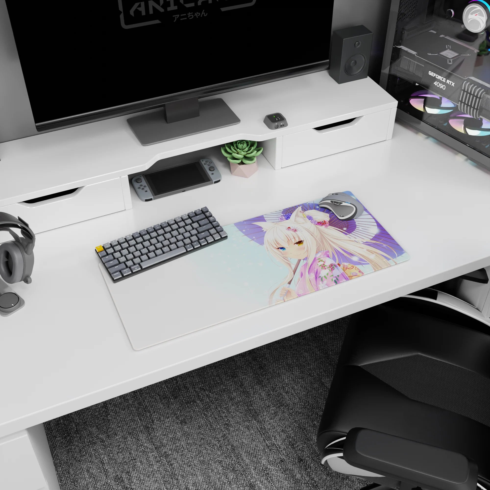 28x12 inches desk mouse pad showing white-haired fox girl with blue and gold eyes holding purple parasol.
