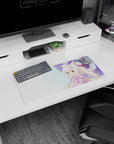 28x12 inches desk mouse pad showing white-haired fox girl with blue and gold eyes holding purple parasol.