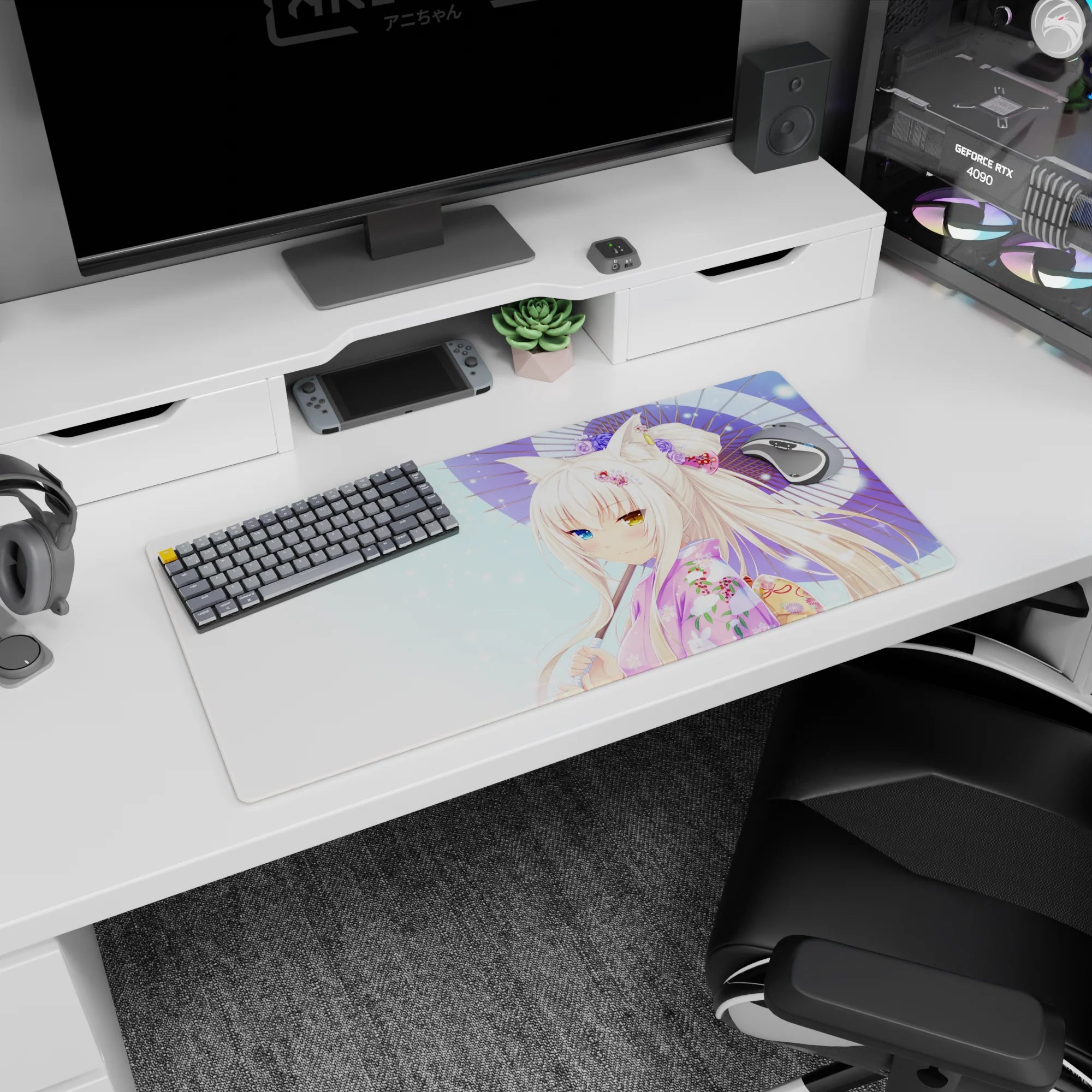 32x16 inches desk mat featuring shy fox-eared anime girl in pink yukata under a bold purple parasol.