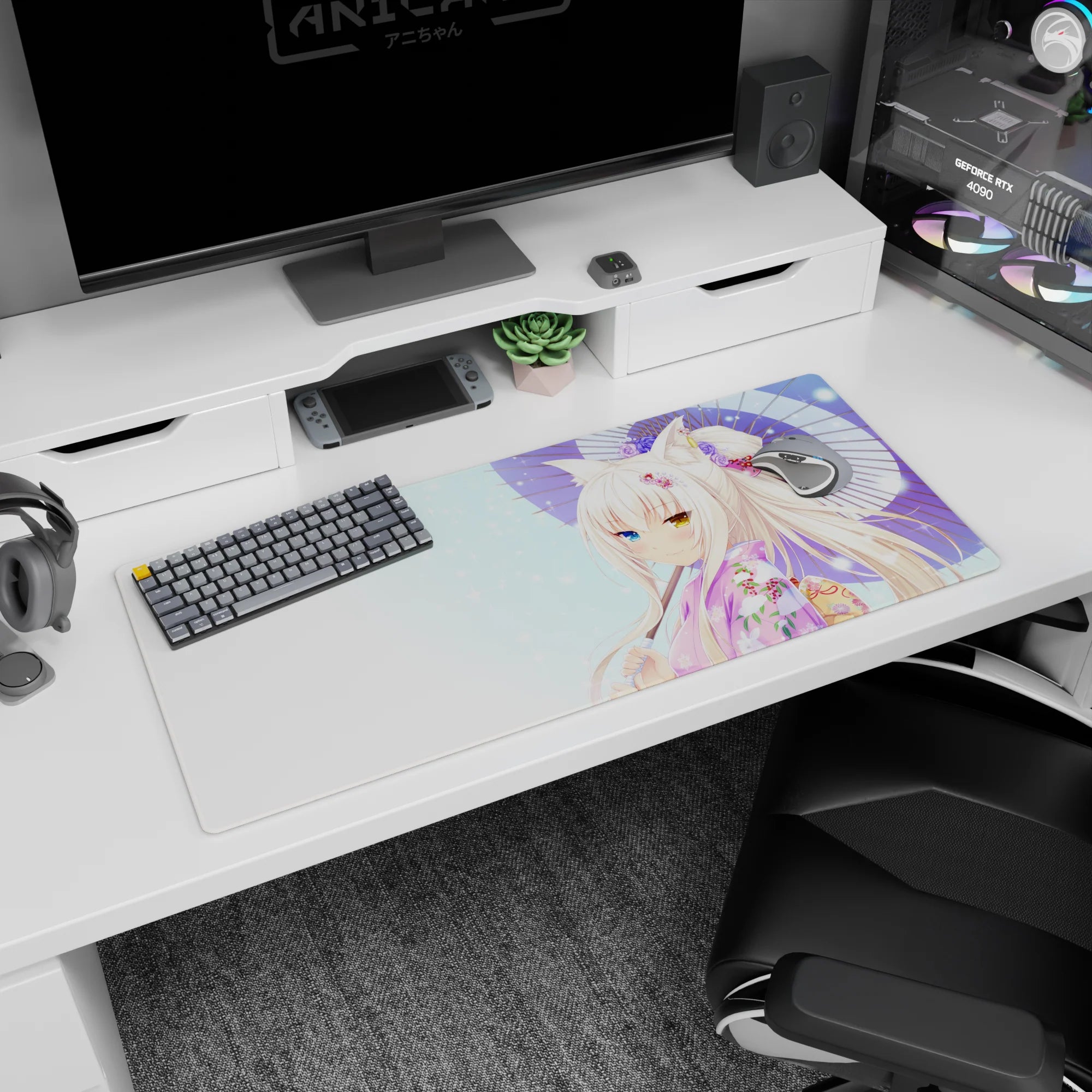 Fox-eared anime girl desk pad 36x16 inches, white hair, blue and gold eyes, purple parasol.