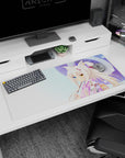 Fox-eared anime girl desk pad 36x16 inches, white hair, blue and gold eyes, purple parasol.