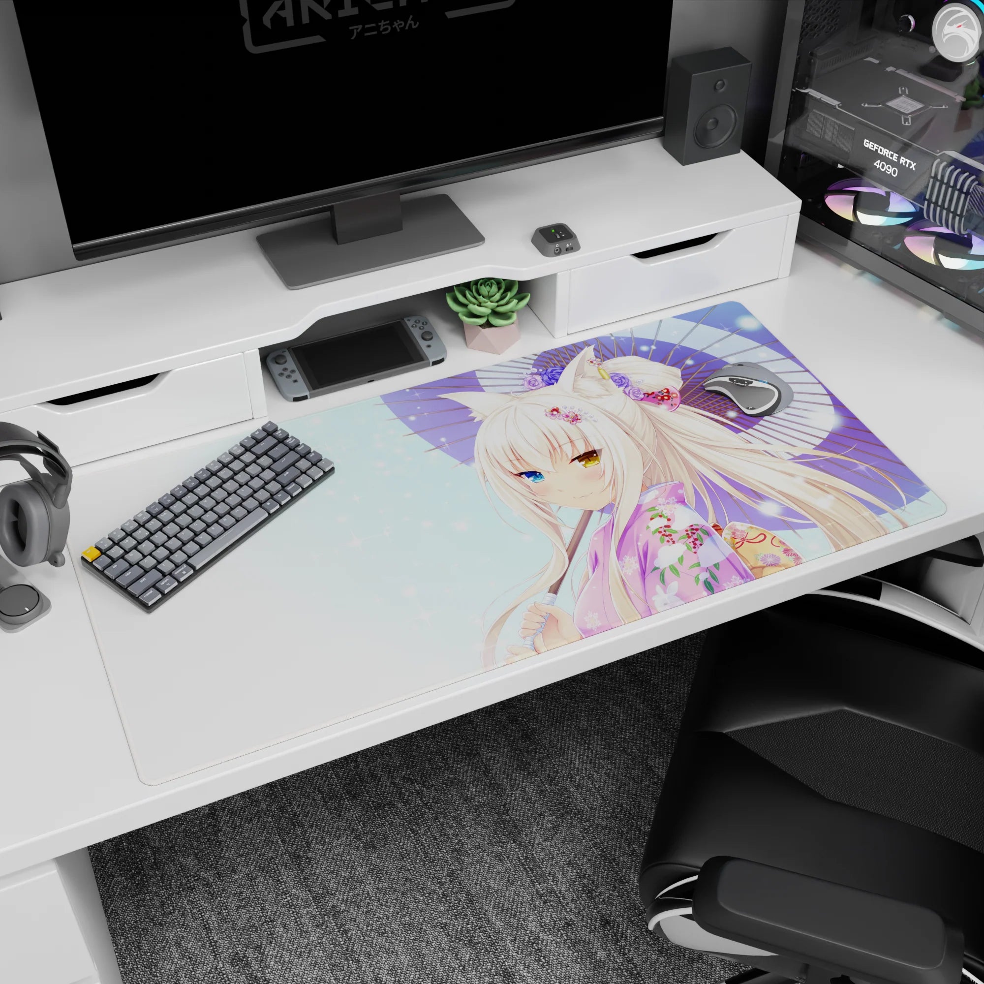 Fox-eared anime girl desk pad 40x20 inches with long white hair, heterochromia eyes, shy smile.