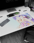 Fox-eared anime girl desk pad 40x20 inches with long white hair, heterochromia eyes, shy smile.