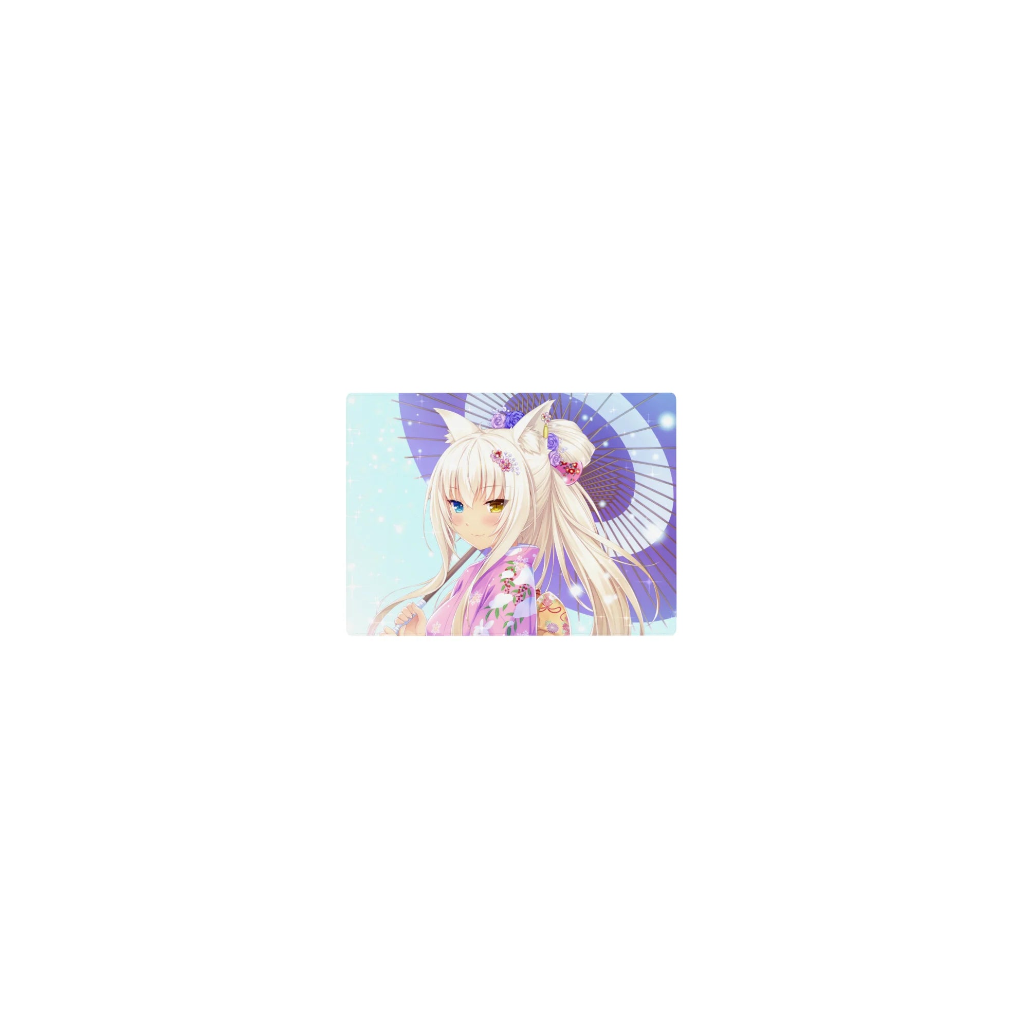 14x10 inches classic anime girl mouse pad with fox ears, pink floral yukata, and purple parasol.