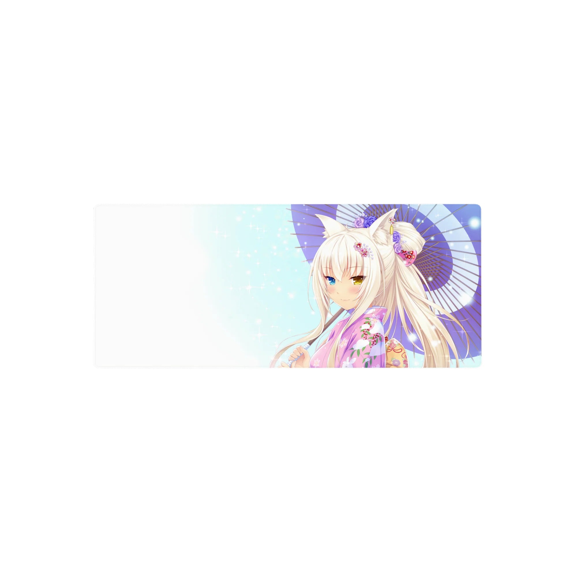 28x12 inches anime girl mouse pad with fox-eared yukata girl, bokeh sparkle sky, purple parasol.