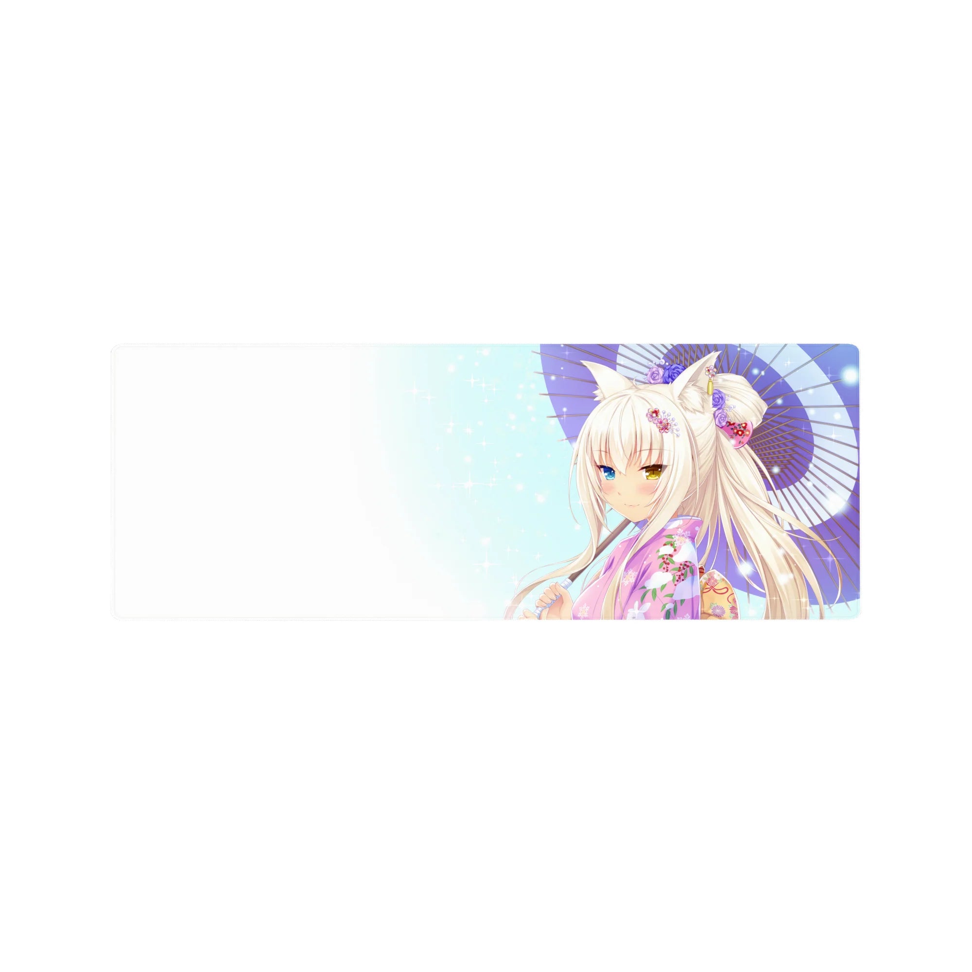32x12 inches anime girl mouse pad with fox-eared girl in pink floral yukata and purple parasol.