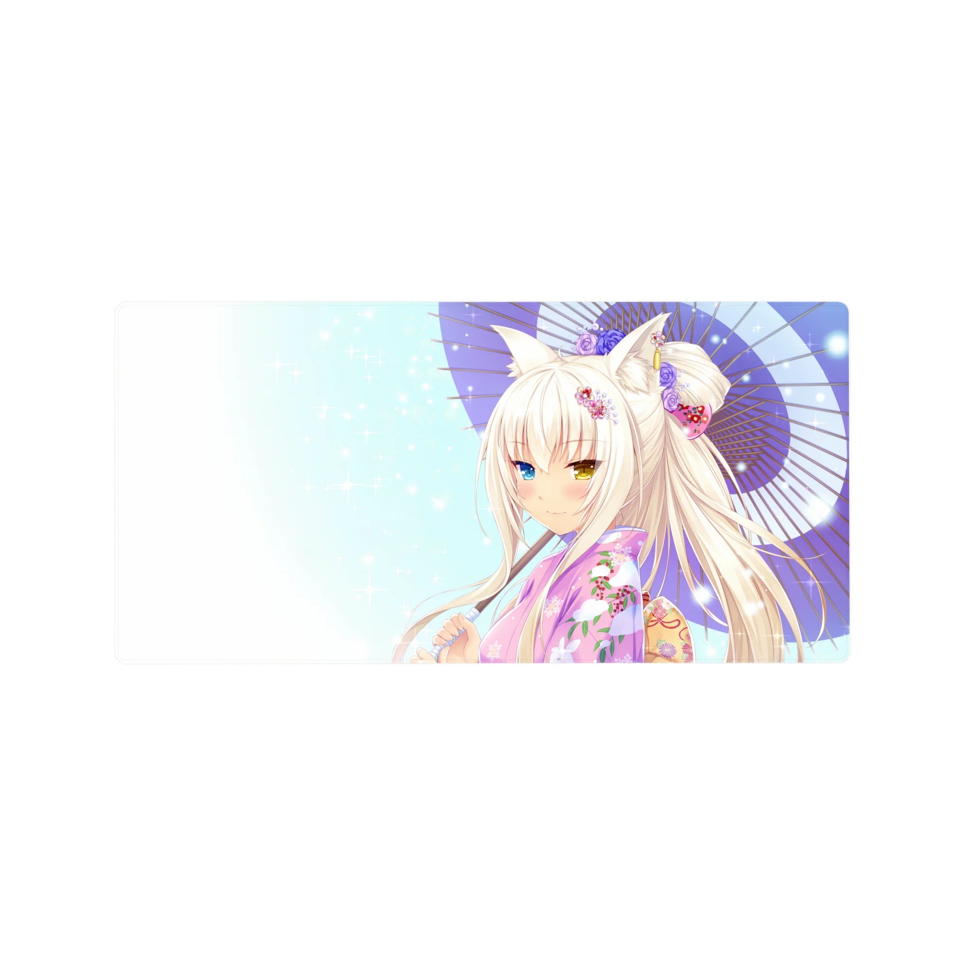 32x16 inches anime girl mouse pad with fox-eared yukata girl, pastel sky bokeh, purple parasol.