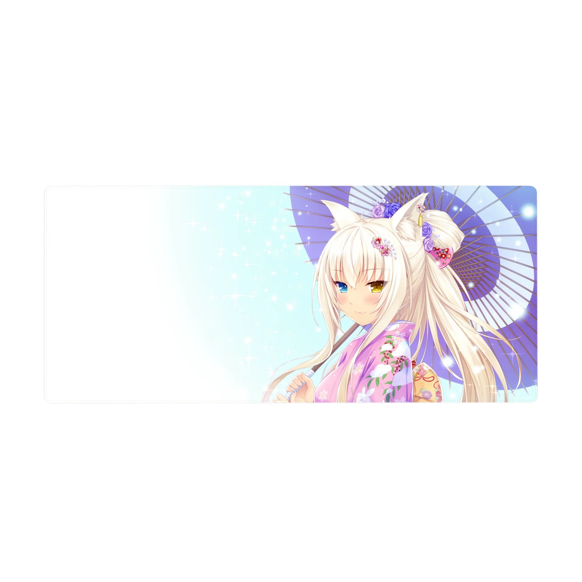 Anime girl desk pad 36x16 inches with fox-eared yukata girl, purple parasol, bokeh sky.