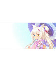Anime girl desk pad 36x16 inches with fox-eared yukata girl, purple parasol, bokeh sky.