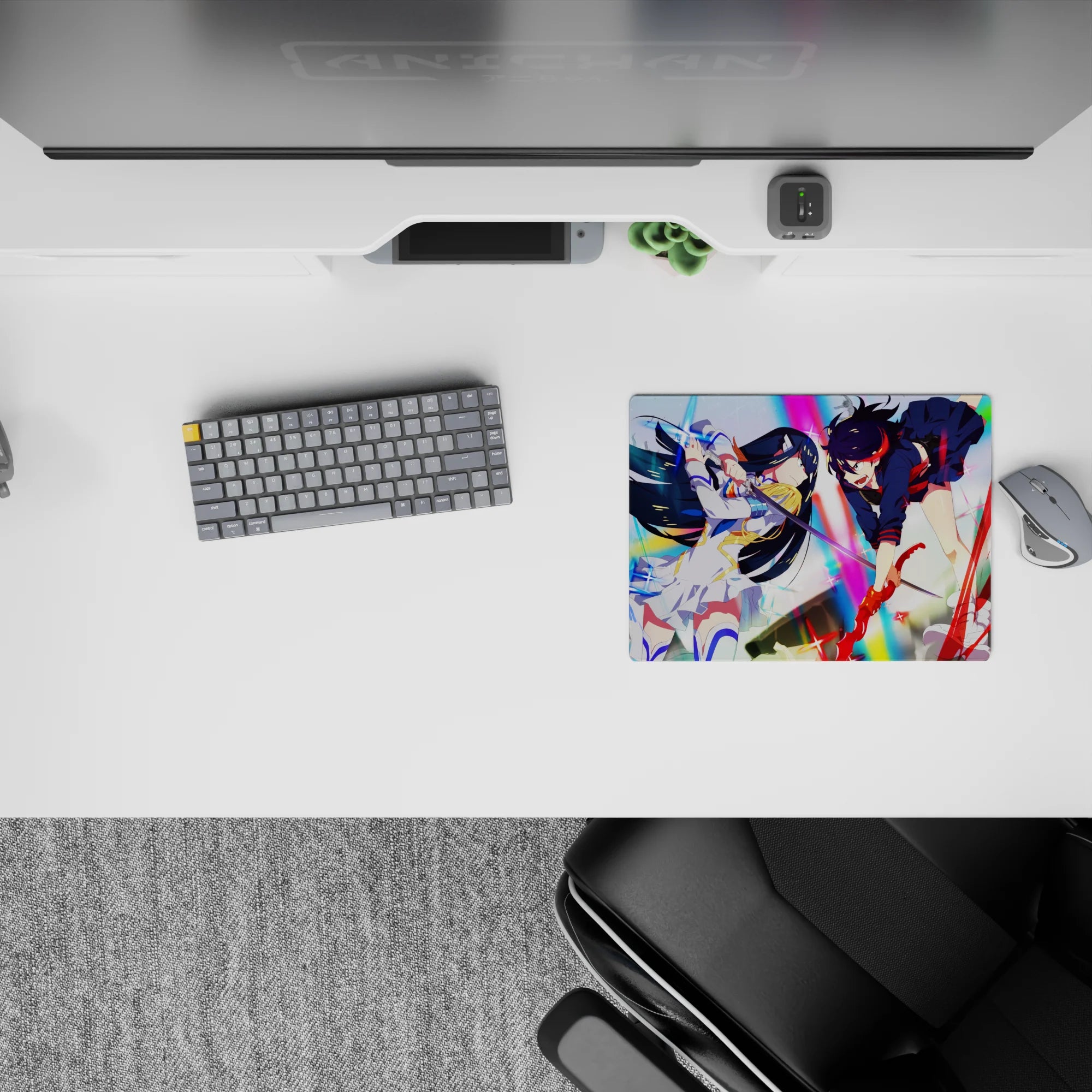 14x10 inches classic anime girl mouse pad in neon rainbow glow, black hair vs red streak, high-energy vibe.