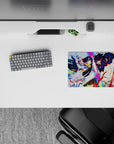 14x10 inches classic anime girl mouse pad in neon rainbow glow, black hair vs red streak, high-energy vibe.