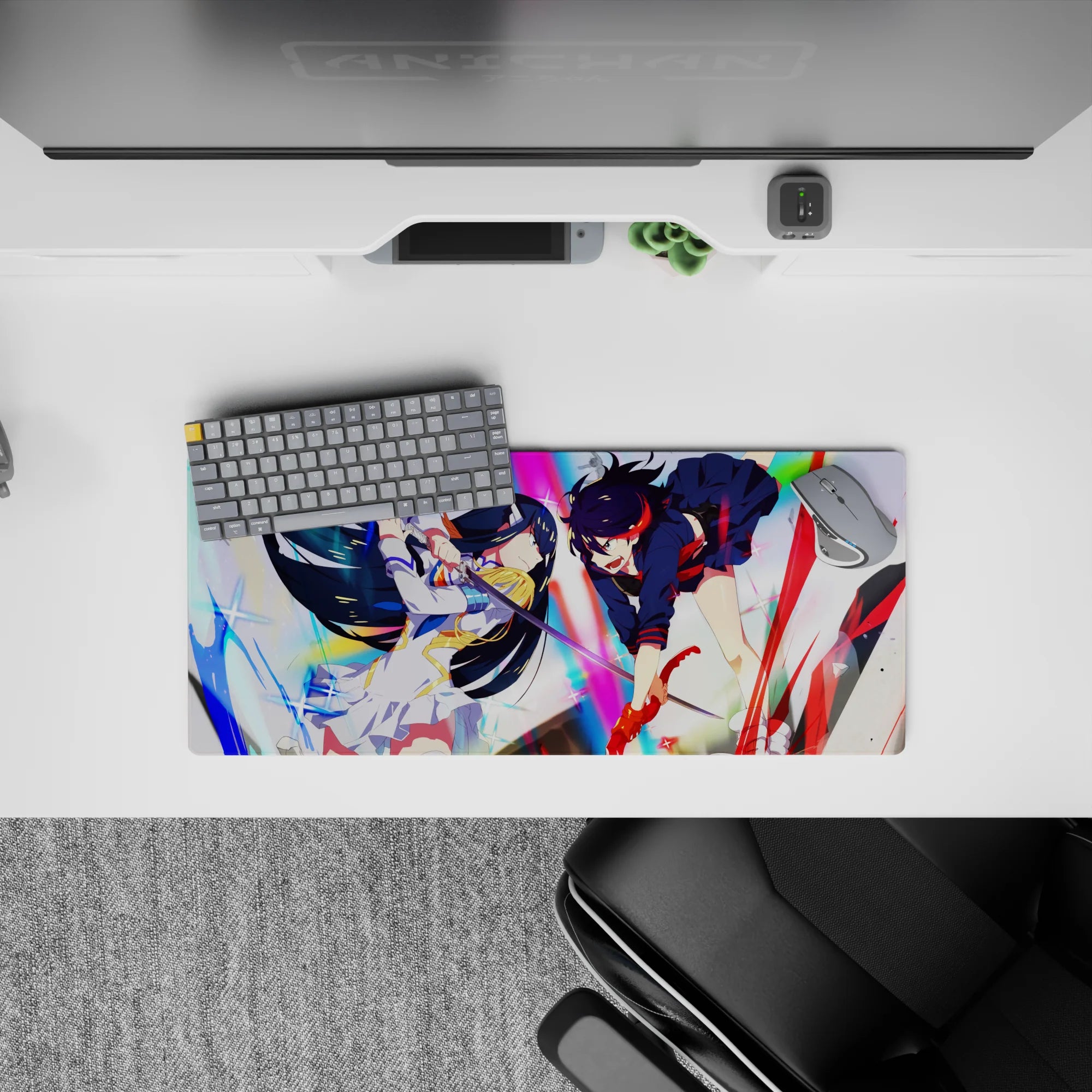 28x12 inches anime girl mouse pad in vivid rainbow glow, sharp lines, loud fast battle energy.