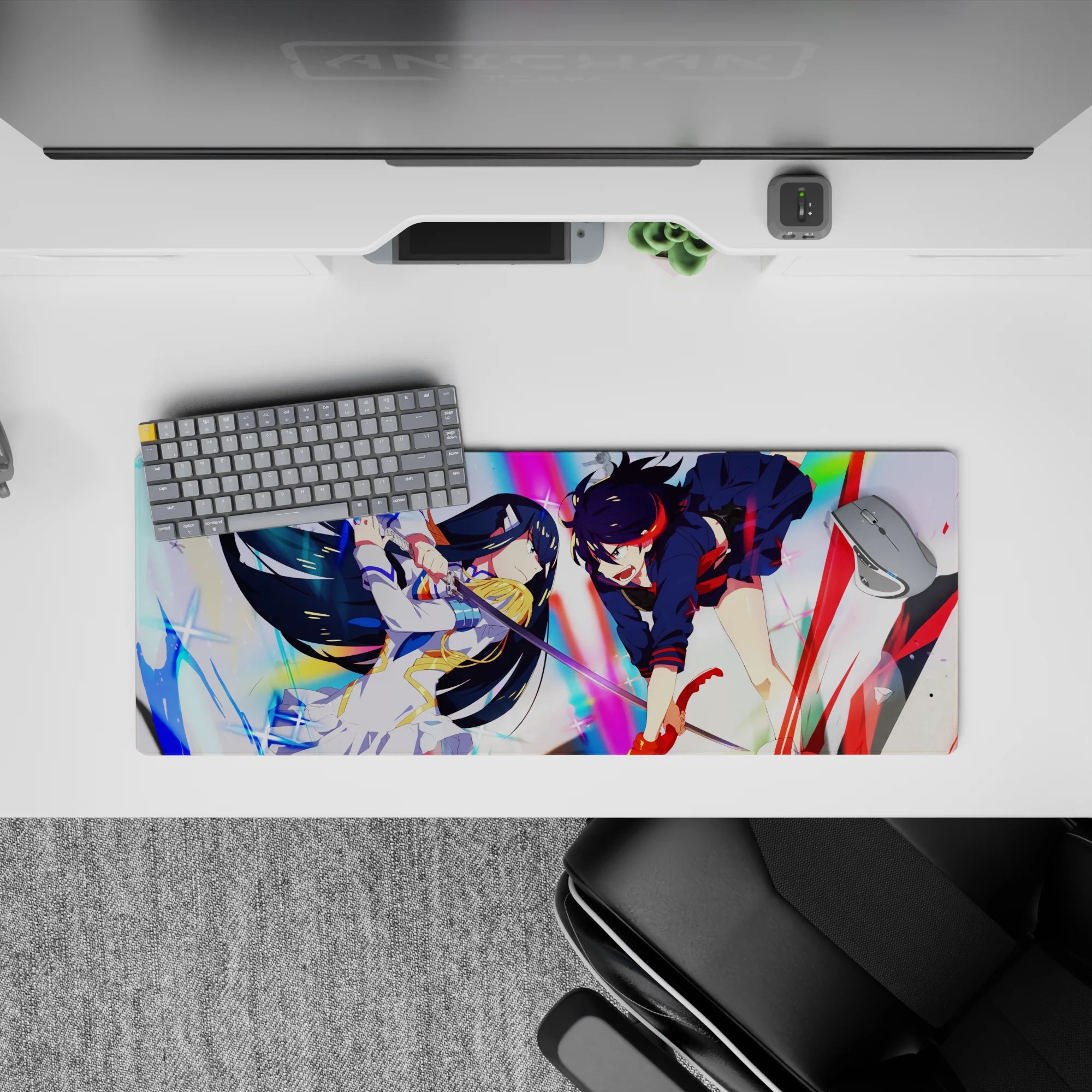 32x12 inches anime girl mouse pad in rainbow burst, shattered sparkles, loud fast neon energy.