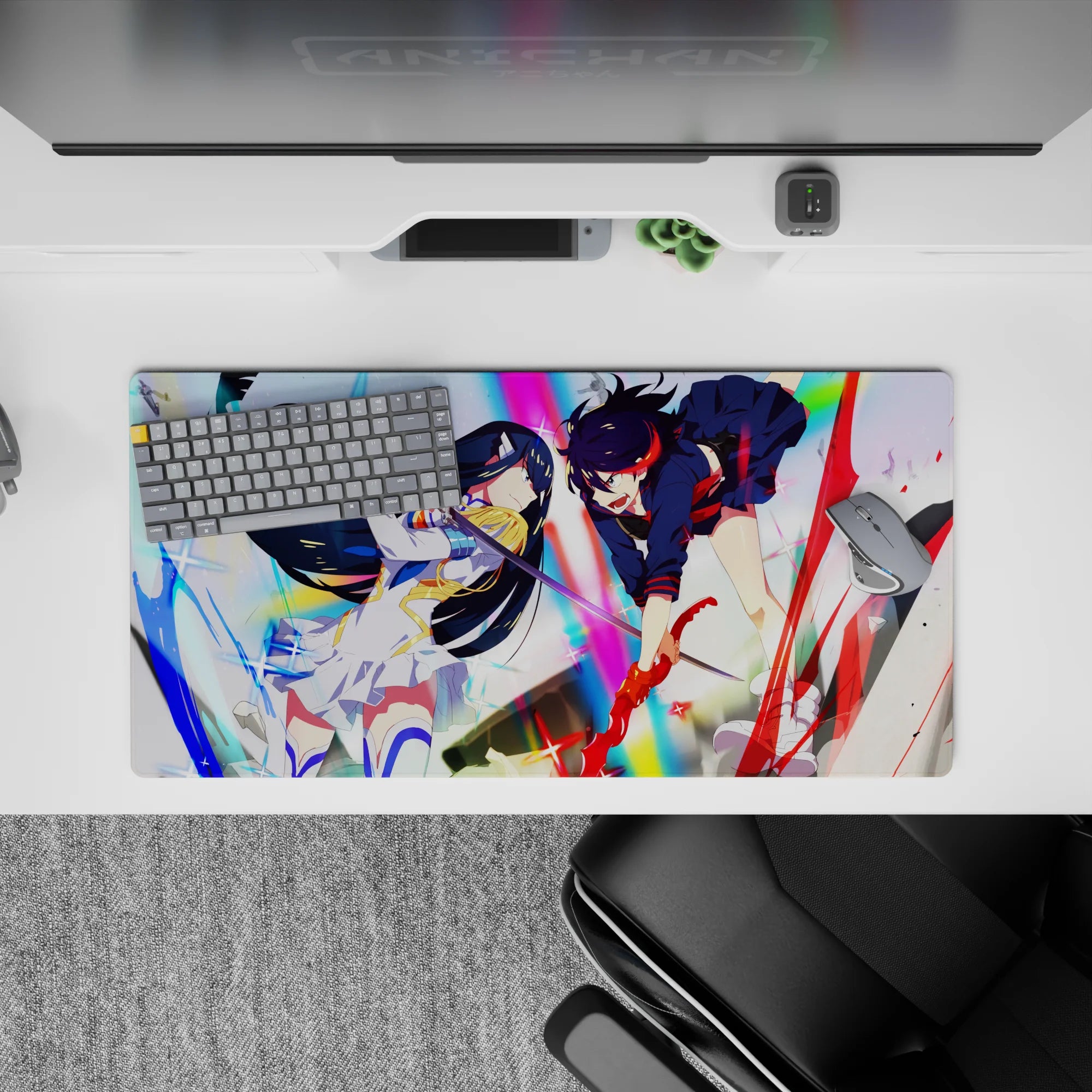32x16 inches anime girl mouse pad in loud rainbow glow, shattered sparkles, bold black-white-blue-red.