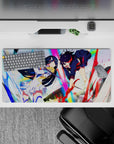 32x16 inches anime girl mouse pad in loud rainbow glow, shattered sparkles, bold black-white-blue-red.