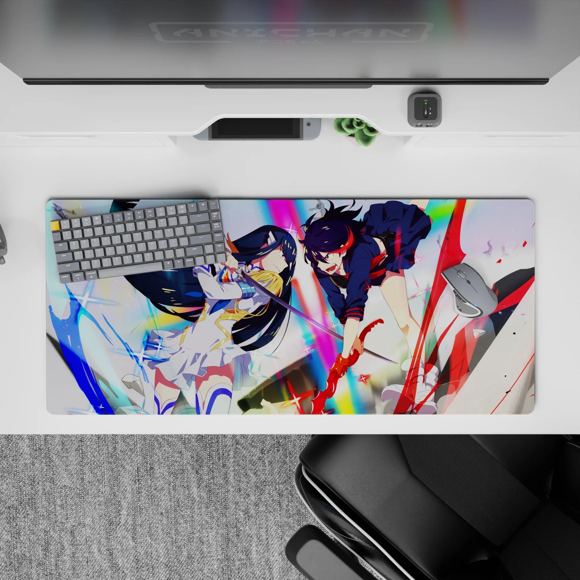 36x16 inches anime girl desk pad in neon rainbow glow, black-blue-white armor, red accents, high-energy vibe.