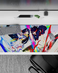 36x16 inches anime girl desk pad in neon rainbow glow, black-blue-white armor, red accents, high-energy vibe.