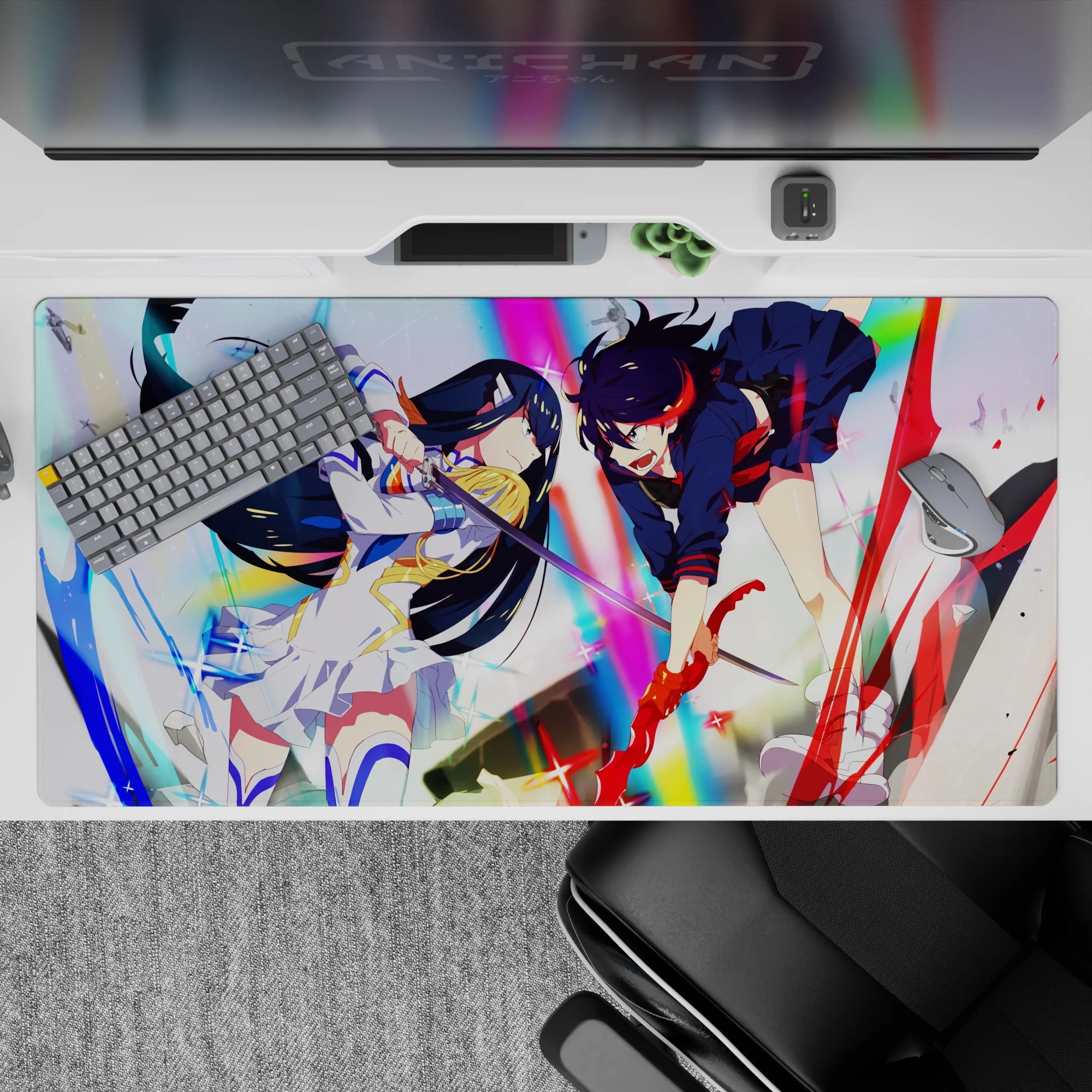 Vibrant anime desk pad 40x20 inches, neon rainbow glow, shattered sparkles, loud fast battle vibe.