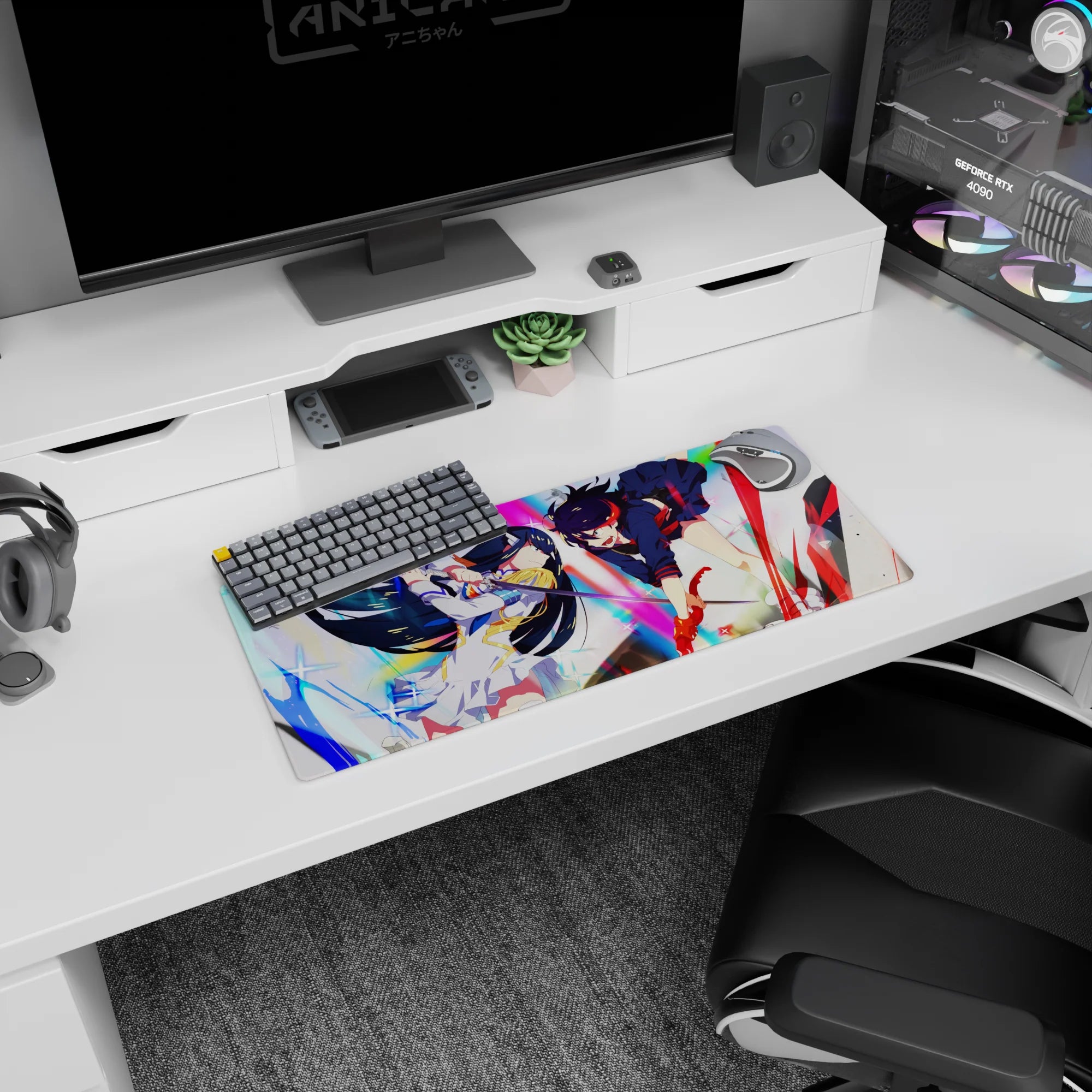 28x12 inches anime girl mouse pad showing black-haired armored heroine facing red-streak rival mid-dive.
