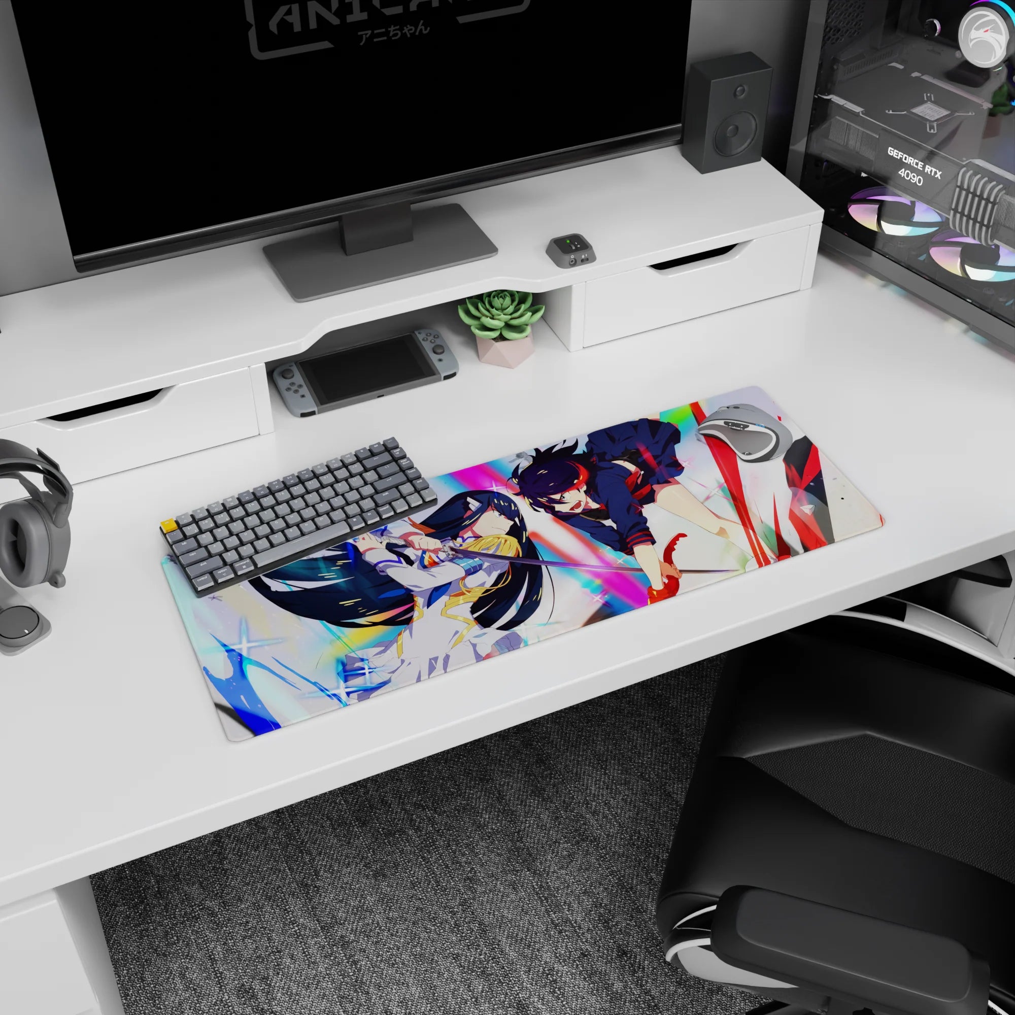 32x12 inches anime girl mouse pad showing fierce black-haired armored girl battling grinning red-haired rival.