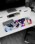 32x12 inches anime girl mouse pad showing fierce black-haired armored girl battling grinning red-haired rival.