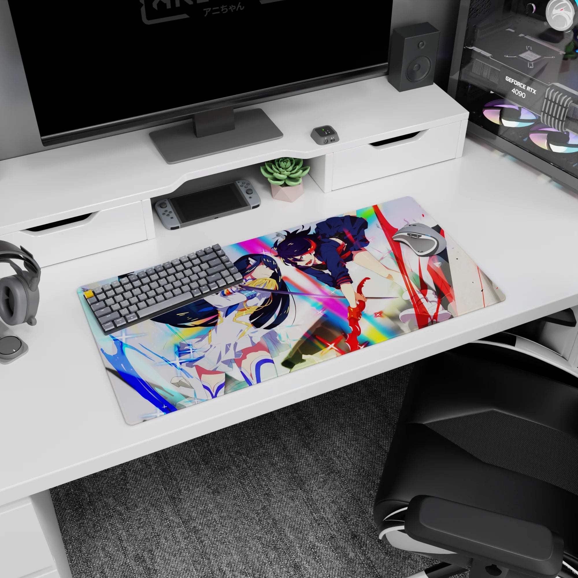 32x16 inches anime girl mouse pad showing black-haired armored girl dueling a red-haired rival mid-lunge.